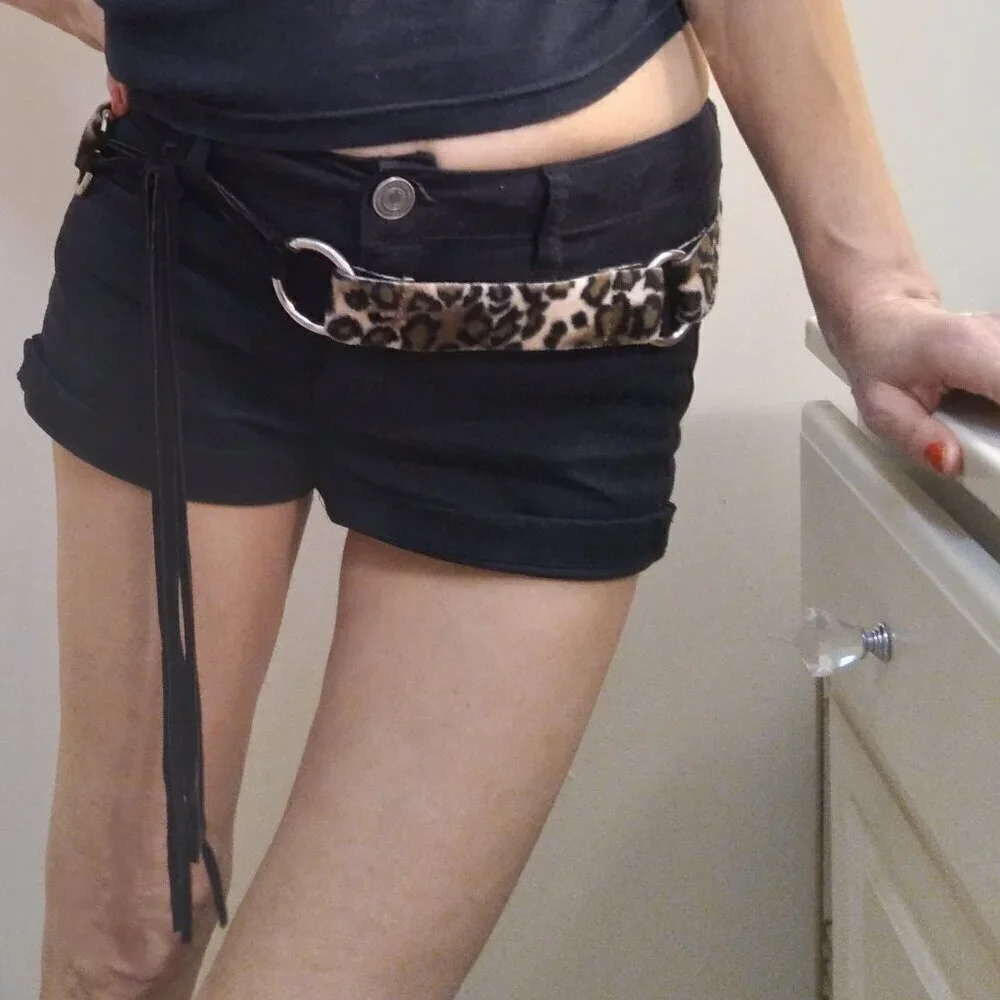 Silver Rings.Faux Leopard & Black Suede Fringe Tie Belt